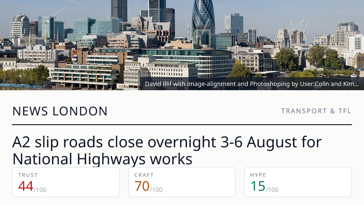 A2 slip roads close overnight 3-6 August for National Highways works